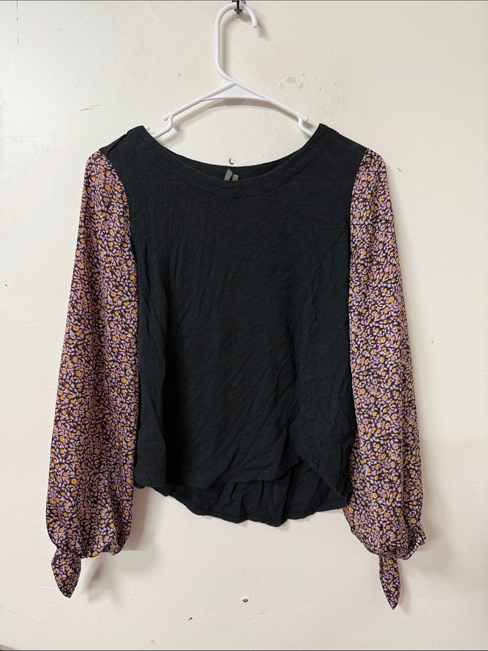 Anthropologie Black Top with Lavender and Mustard Floral Balloon Sleeves